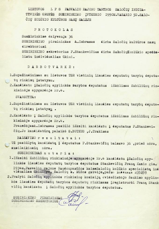 LPS Pasvalio rajono tarybos Saločių iniciatyvinės grupės susirinkimo, įvykusio 1990 m. vasario 5 d. Saločių kultūros namų salėje, protokolas
